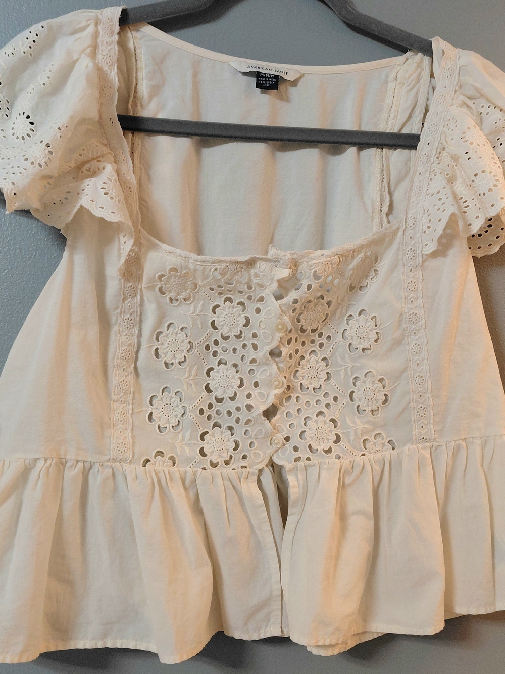 American Eagle Outfitters Cream Eyelet Peasant Blouse